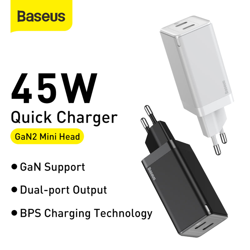 Baseus GaN Mini 45w Dual Type-C Port Charger with Type-C to Type-C Cable