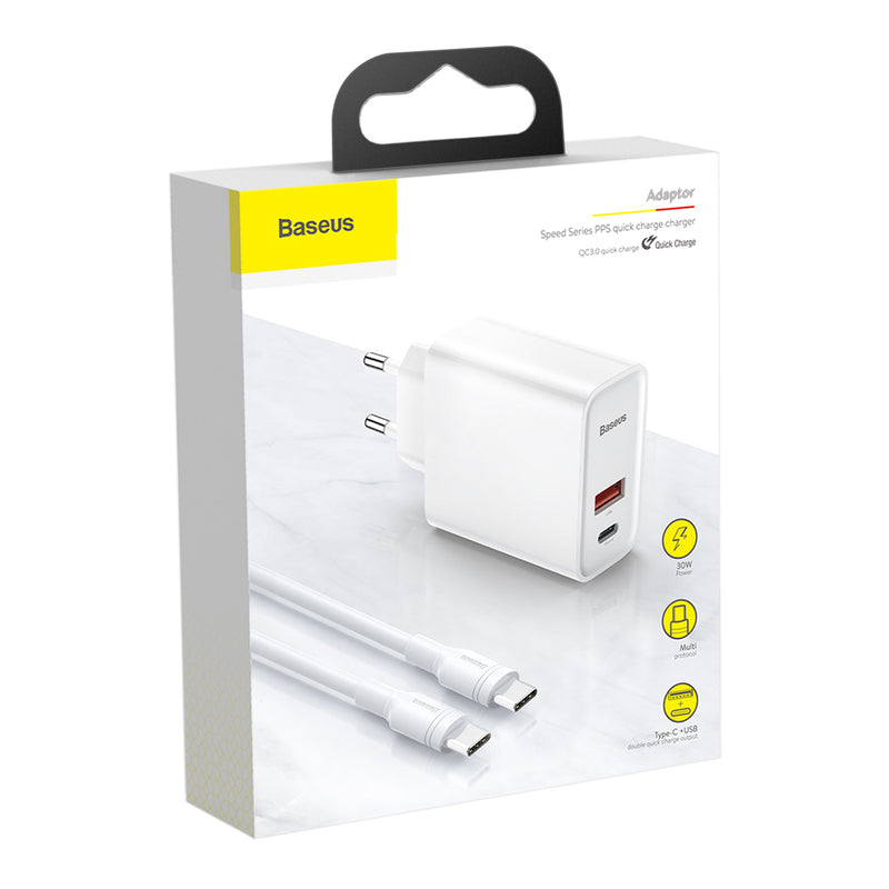BASEUS 30W TYPE C + USB WALL CHARGER with Type-C to Type-C Cable