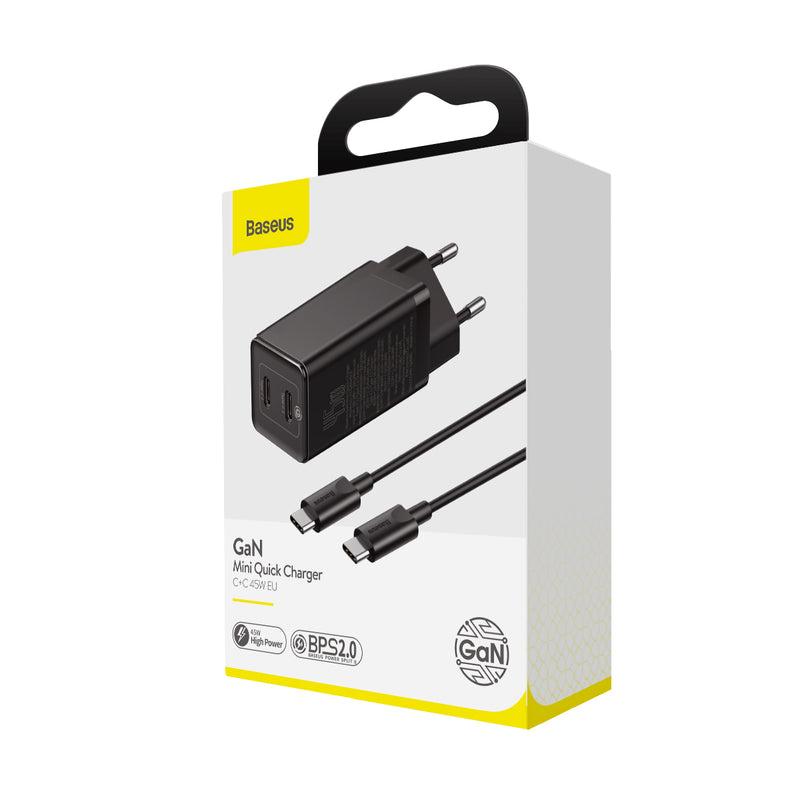 Baseus GaN Mini 45w Dual Type-C Port Charger with Type-C to Type-C Cable