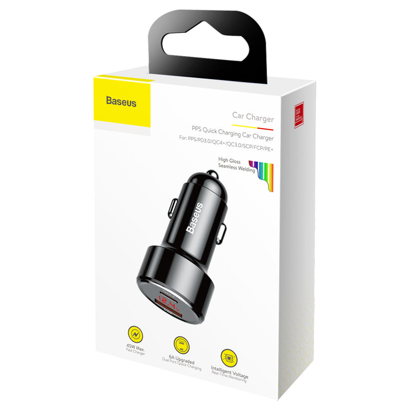 Baseus PPS Technology Digital Display 45w Type C + USB Car Charger