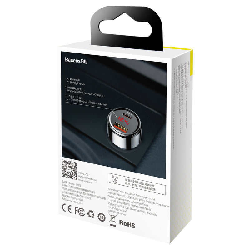 Baseus PPS Technology Digital Display 45w Type C + USB Car Charger