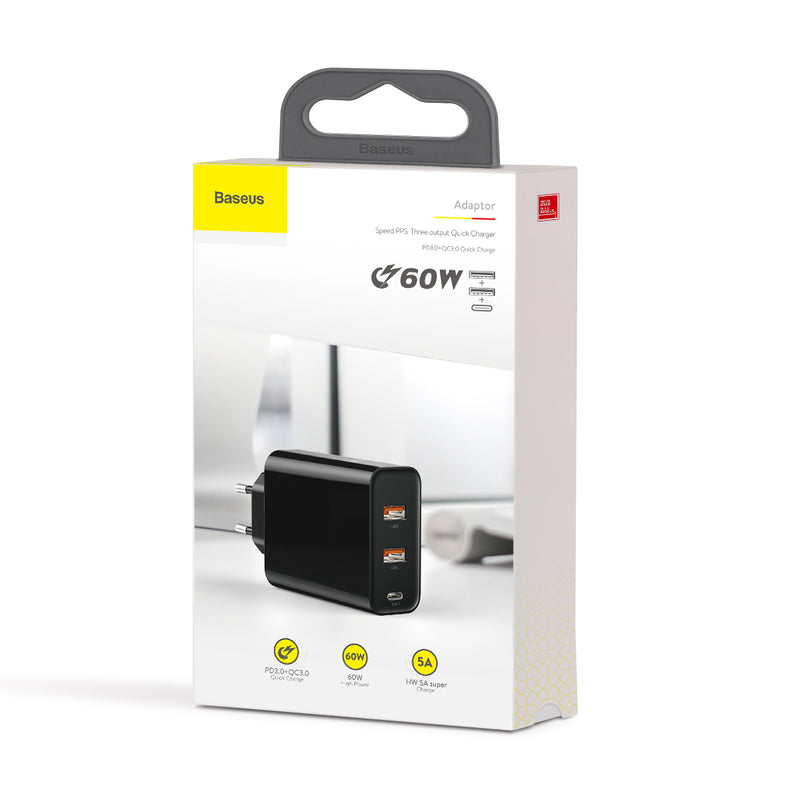 Baseus 3 in 1 PPS Technology 60w Quick Wall Adapter(C+U+U)